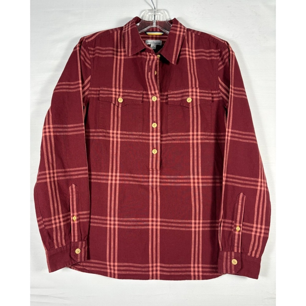 LL Bean Signature Womens‎ Small Burgundy Plaid Cotton Flannel Popover Shirt